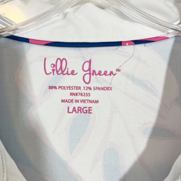 Lillie Green Blue Palm Leaf Print Short Sleeve Golf Polo Preppy - Size Large - Picture 3 of 5